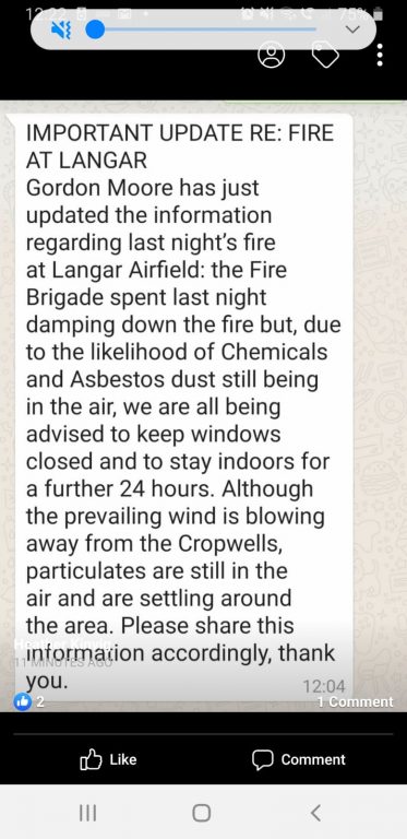 Notice regarding fire at Langar airfield