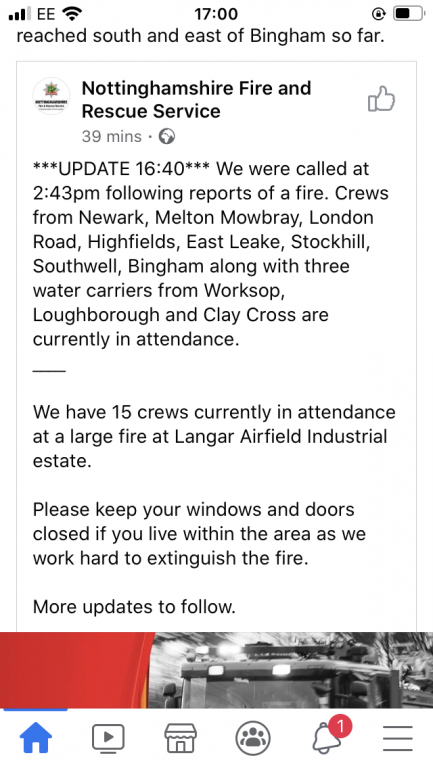 Notice regarding fire at Langar airfield